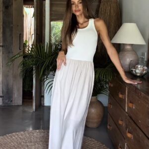 Vestido Longo Canelado + Linho Com Algodão